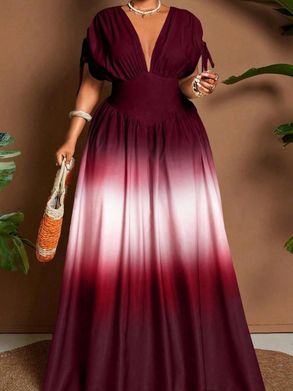 Multicolor Casual Women's Tropical Gradient Plus Size V-Neck Dress - Picture 7 of 7